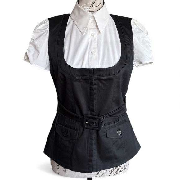 Chic Black & White Layered Shirt Vest Belted Top - Picture 1 of 9